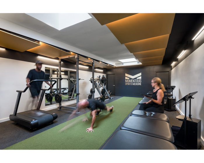 Workout space with gold ceiling above
